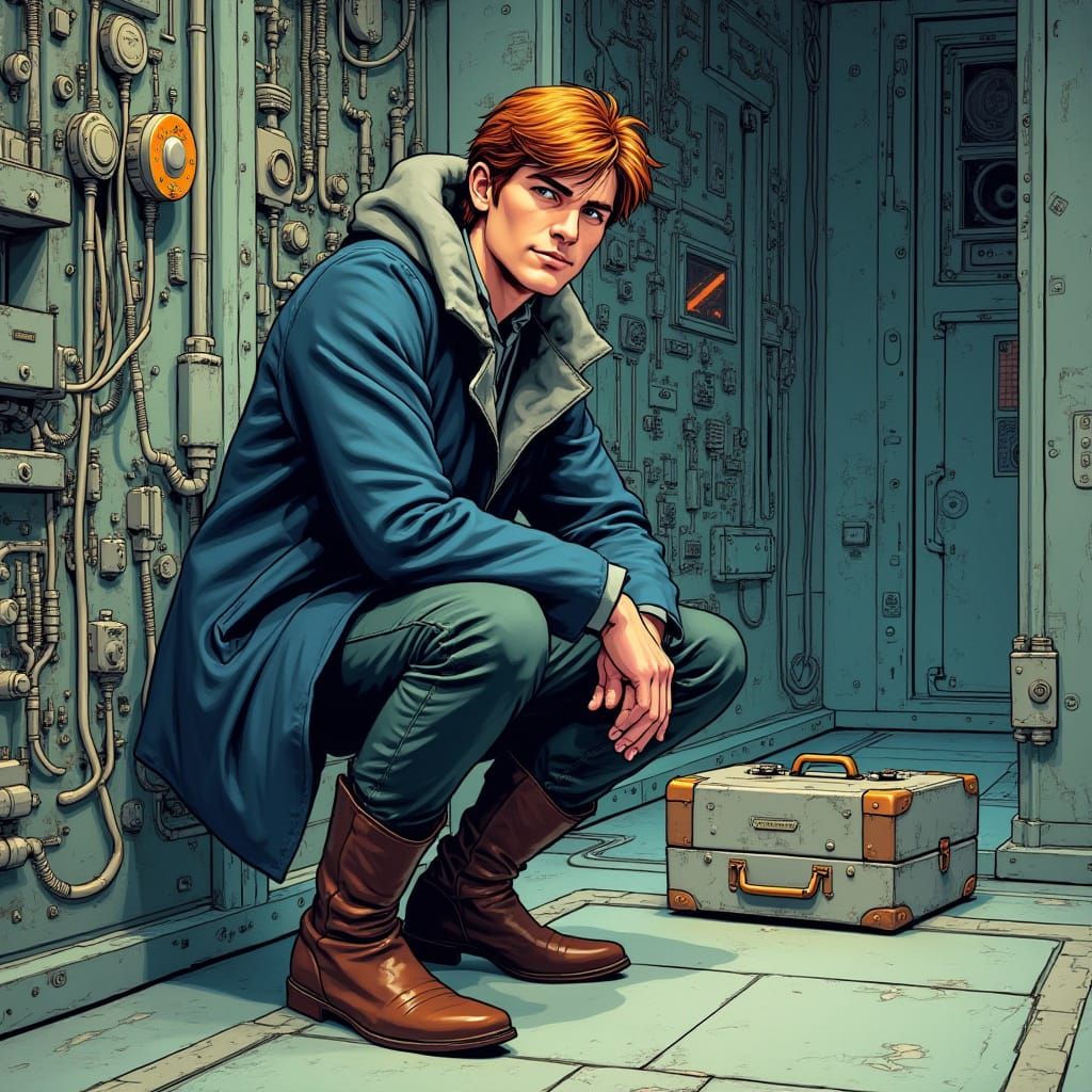 Man Inspecting Starship Wiring in Detailed Sci-Fi Style