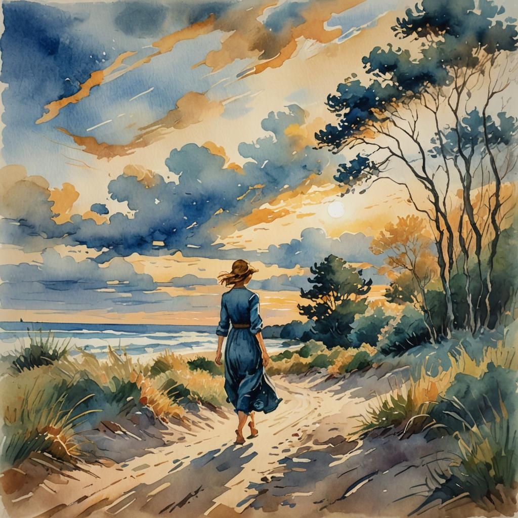 Woman on Beach in Post-Impressionist Watercolor Style