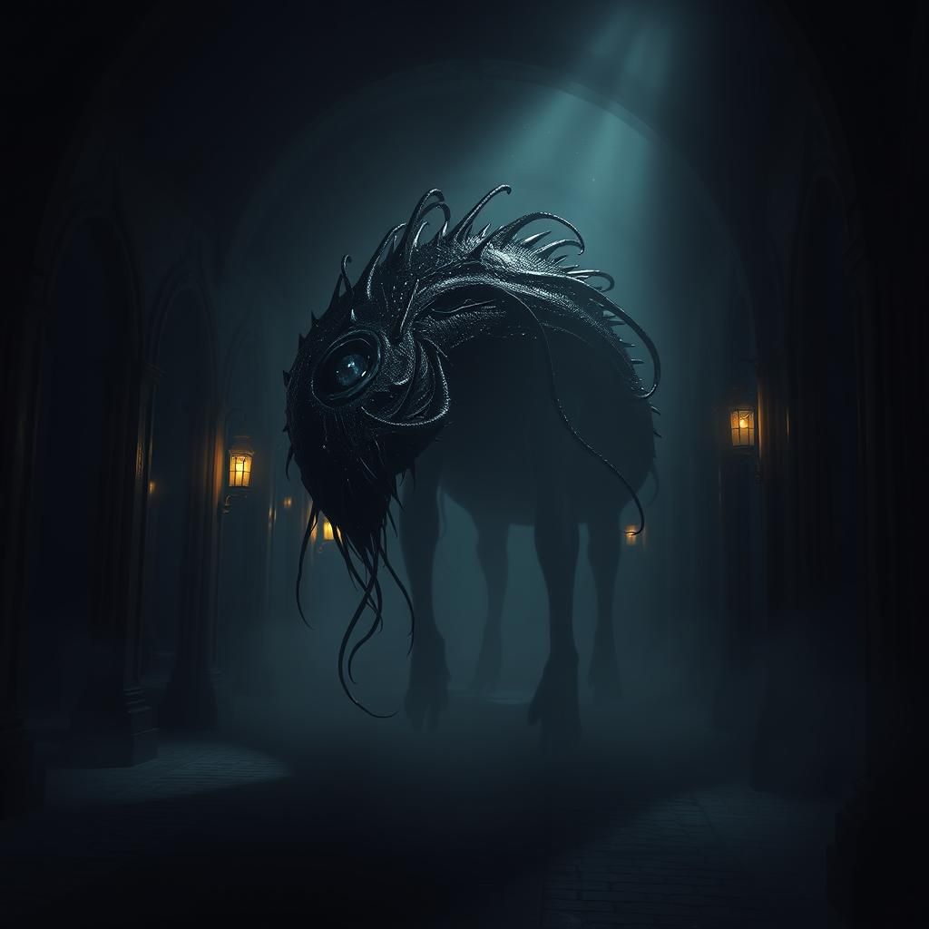 One-Eyed Creature Emerges from Shadowy Hall