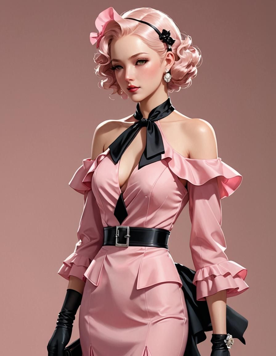 Pink 1930s Dress in Anime Style