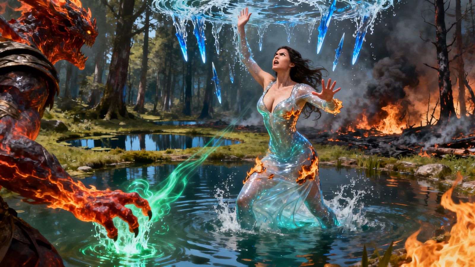 Water Spirit Battles Fiery Elemental in Forest