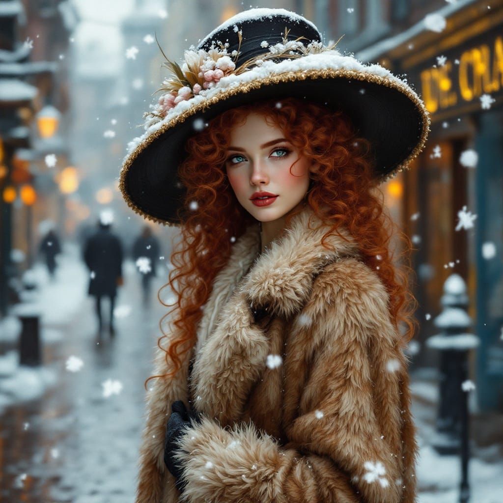 Victorian Woman in Snow, Oil Painting Style