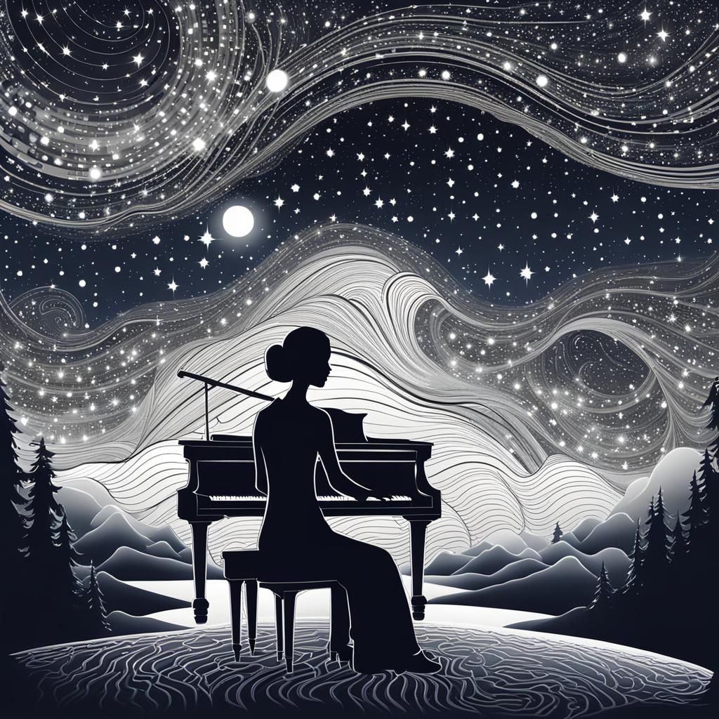 Woman Playing Piano in Starry Spatial Landscape