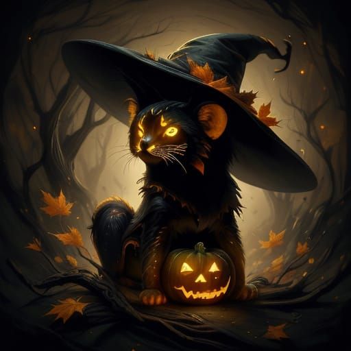 Realistic Jack-o'-lantern with Witch Hat in Autumn Leaves