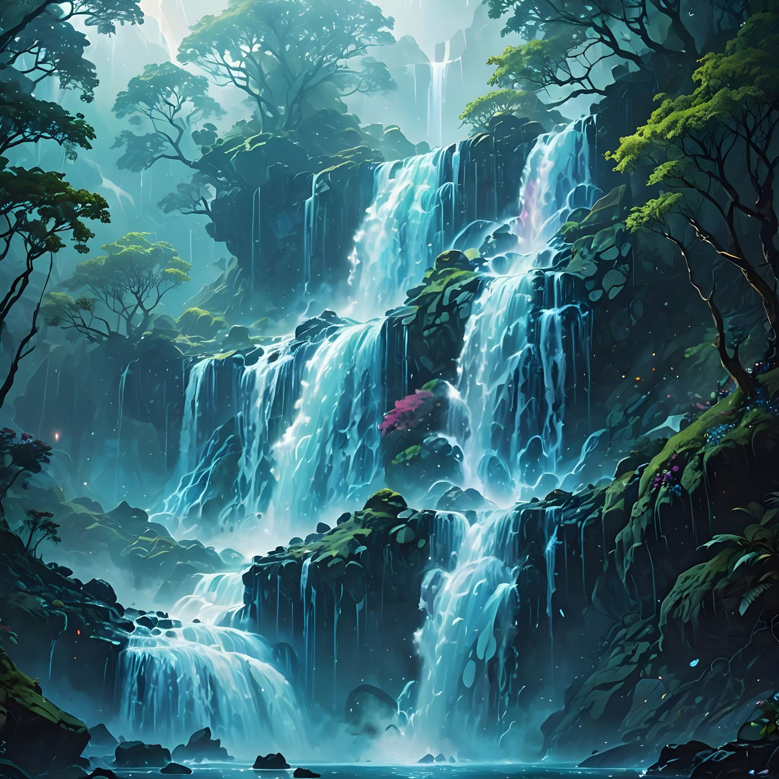 Splashing into the Multiverse: Quantum Waterfall Scene