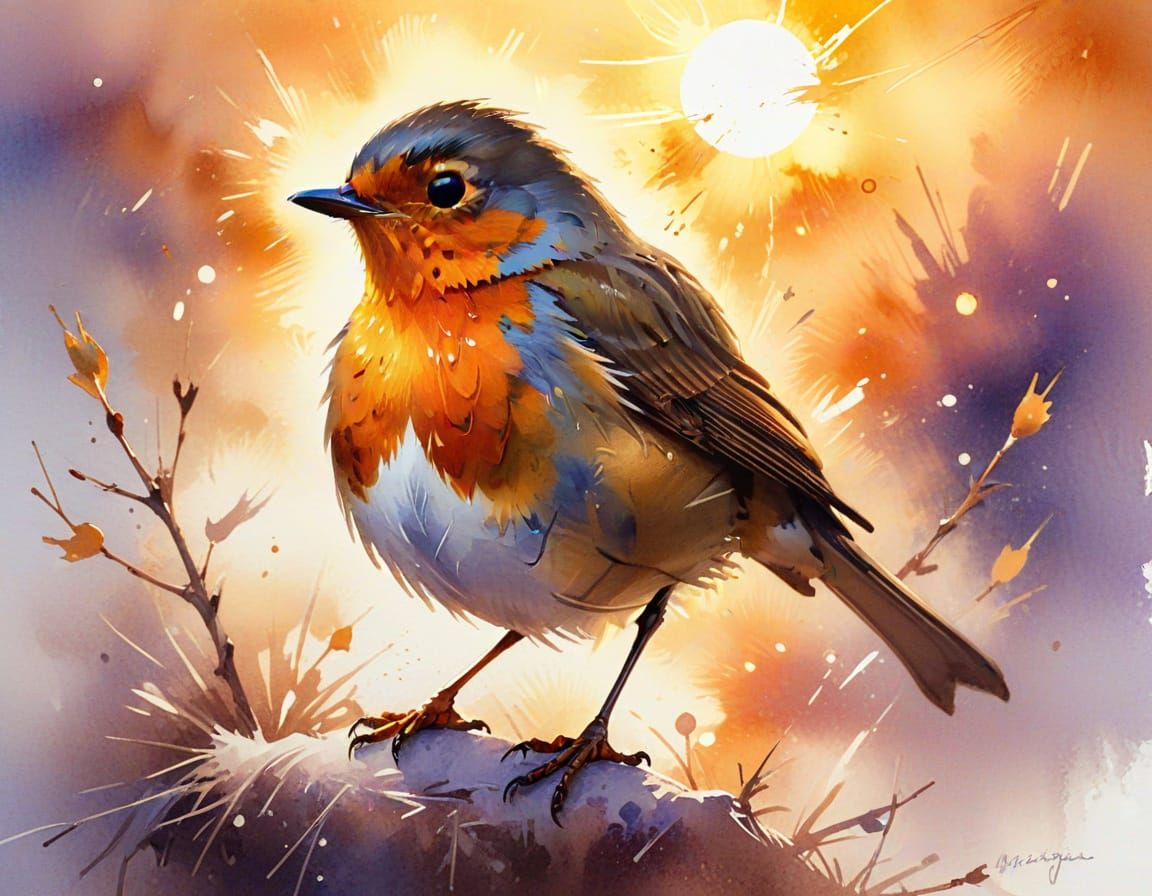Robin at Sunset in Watercolour Style