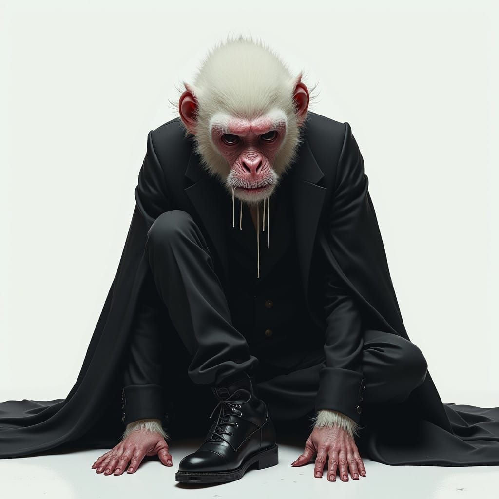 Bald Uakari in Despair, Dressed in a Sleek Black Suit