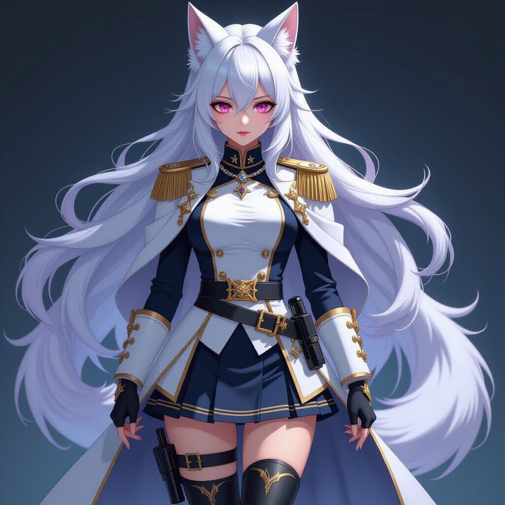 Anime Kitsune Admiral with White Uniform and Pink Eyes