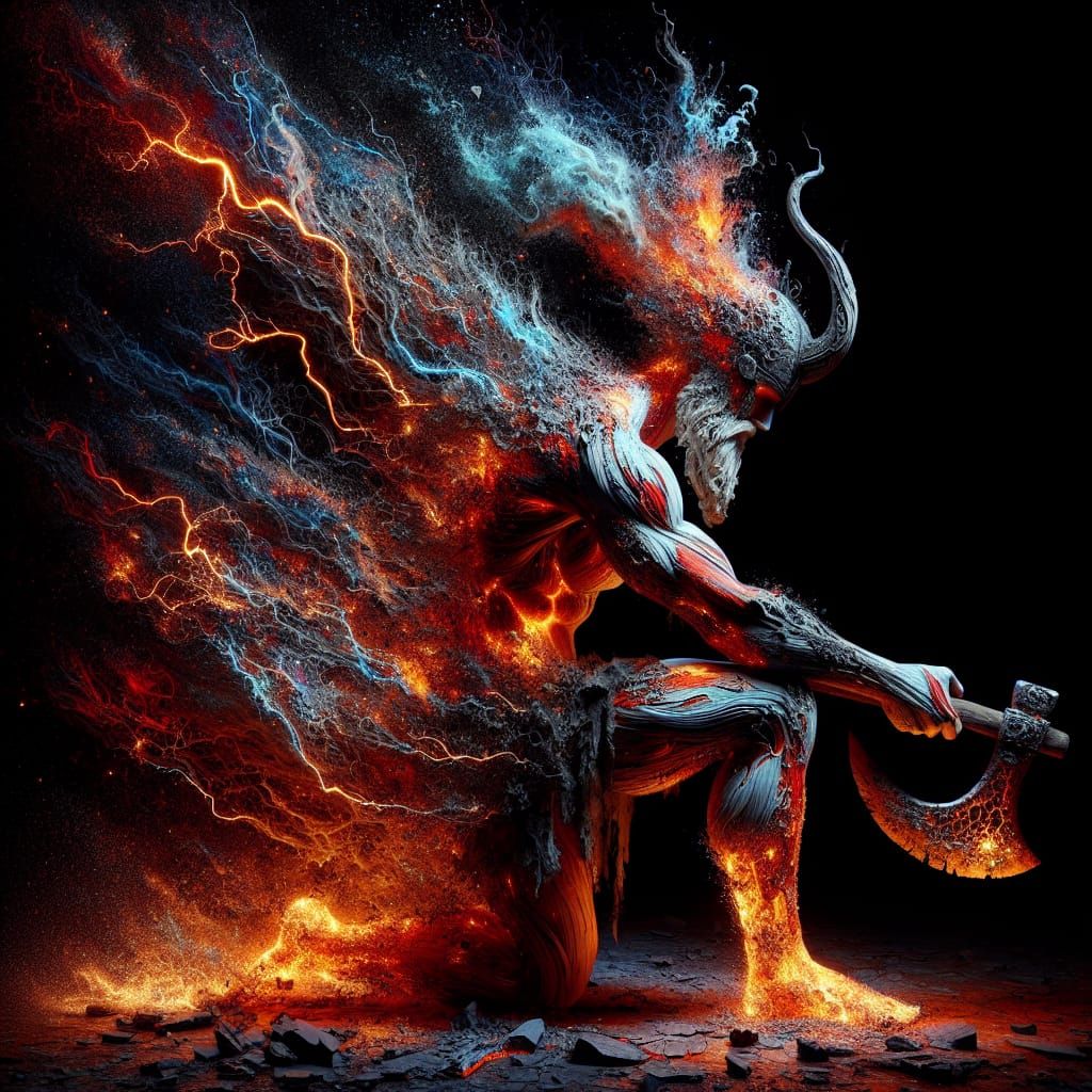 Viking God Disintegrating in Fiery Digital Art