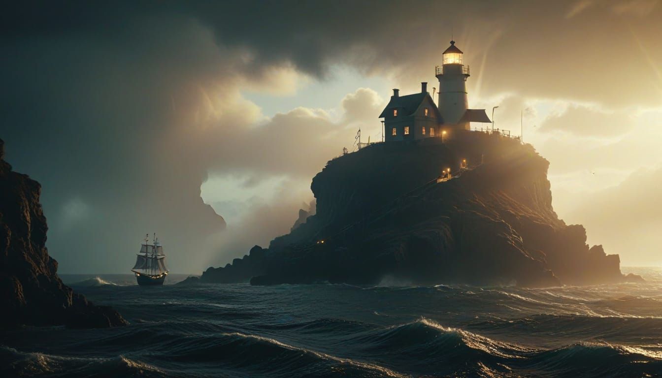 Lighthouse and Pirate Ship in Cinematic Lighting