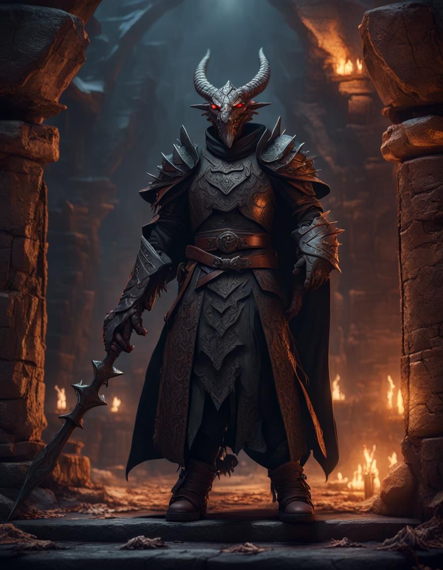 Black Dragonborn Warlock in Spooky D&D Setting
