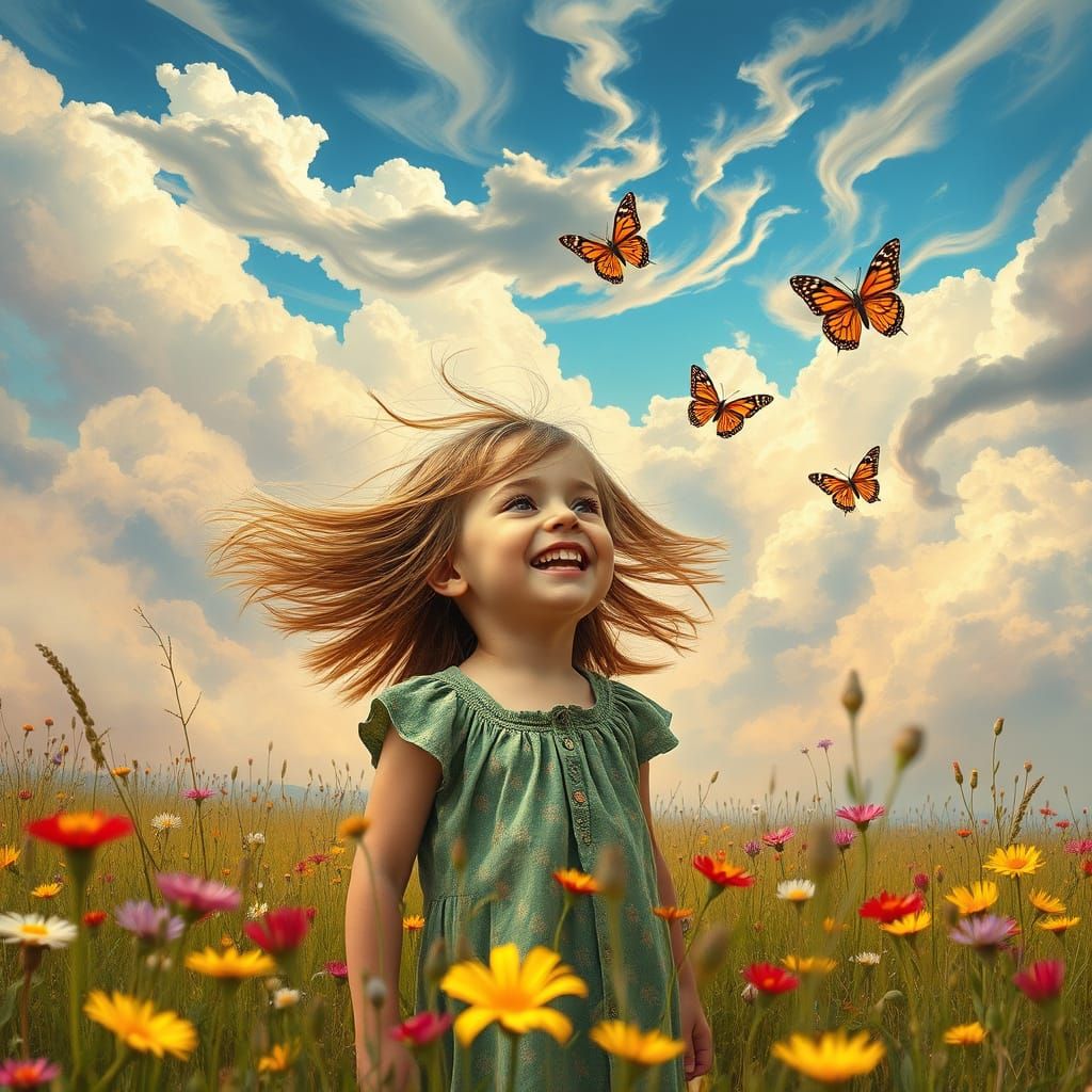 Joyful Child in Wildflower Field, Dreamlike Illustration