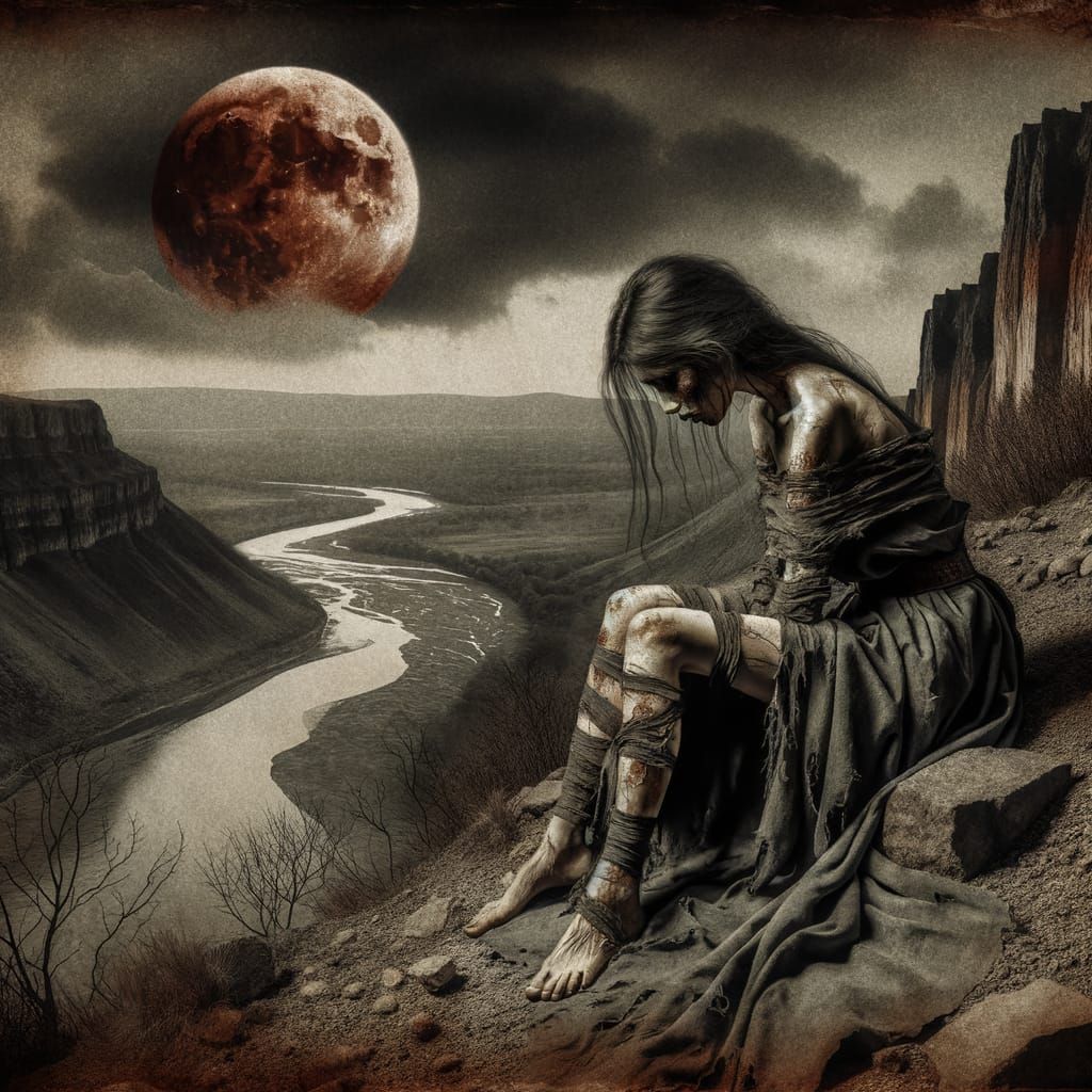 Apocalyptic Gothic Scene with Blood Moon in Watercolor