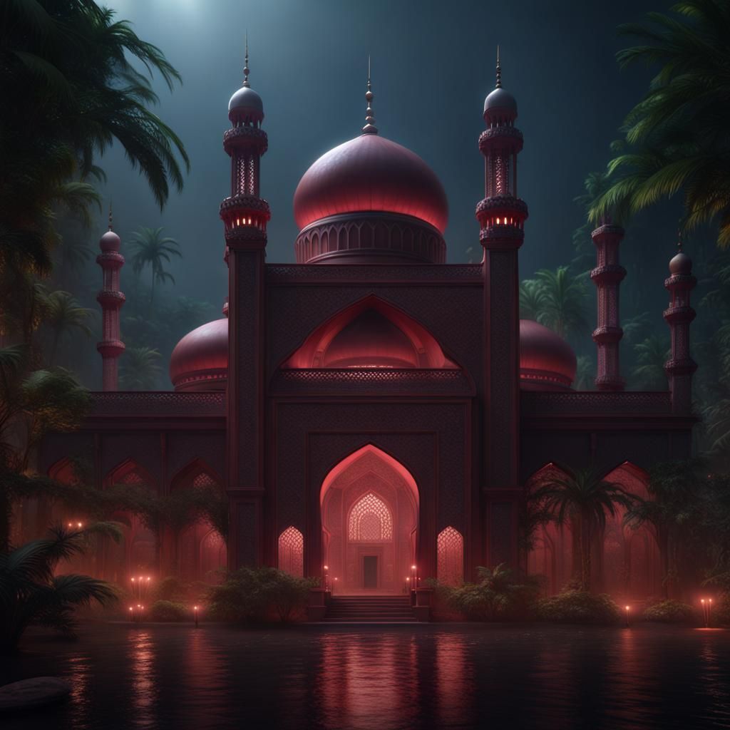 Maroon Mosque in Jungle Haze: Detailed Matte Painting