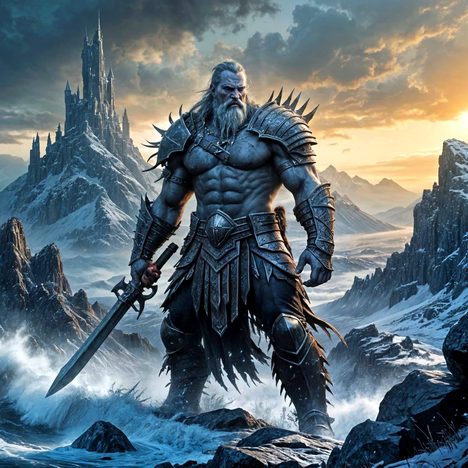 Goliath Viking Barbarian on Snowy Mountain