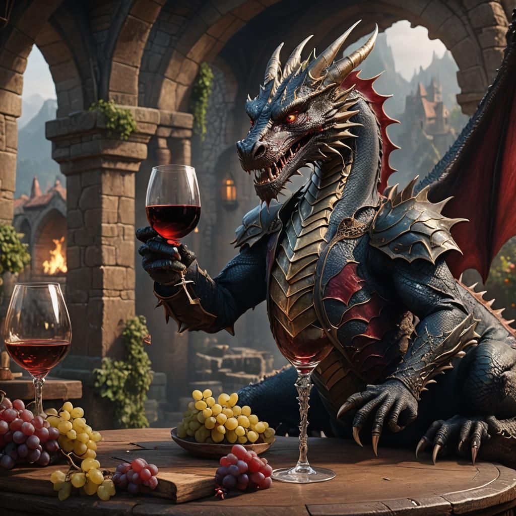 Dragon Enjoys Wine: Detailed Fantasy Art