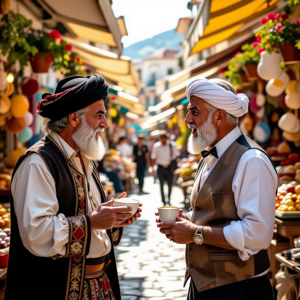 Humorous Debate in Mediterranean Market: AI Art