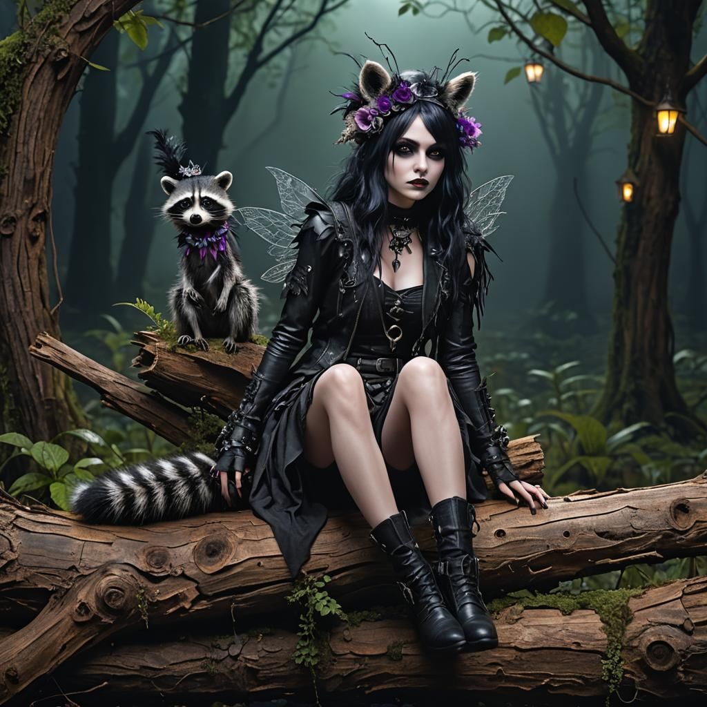 Goth Punk Fairy with Raccoon in Dark Fantasy Scene
