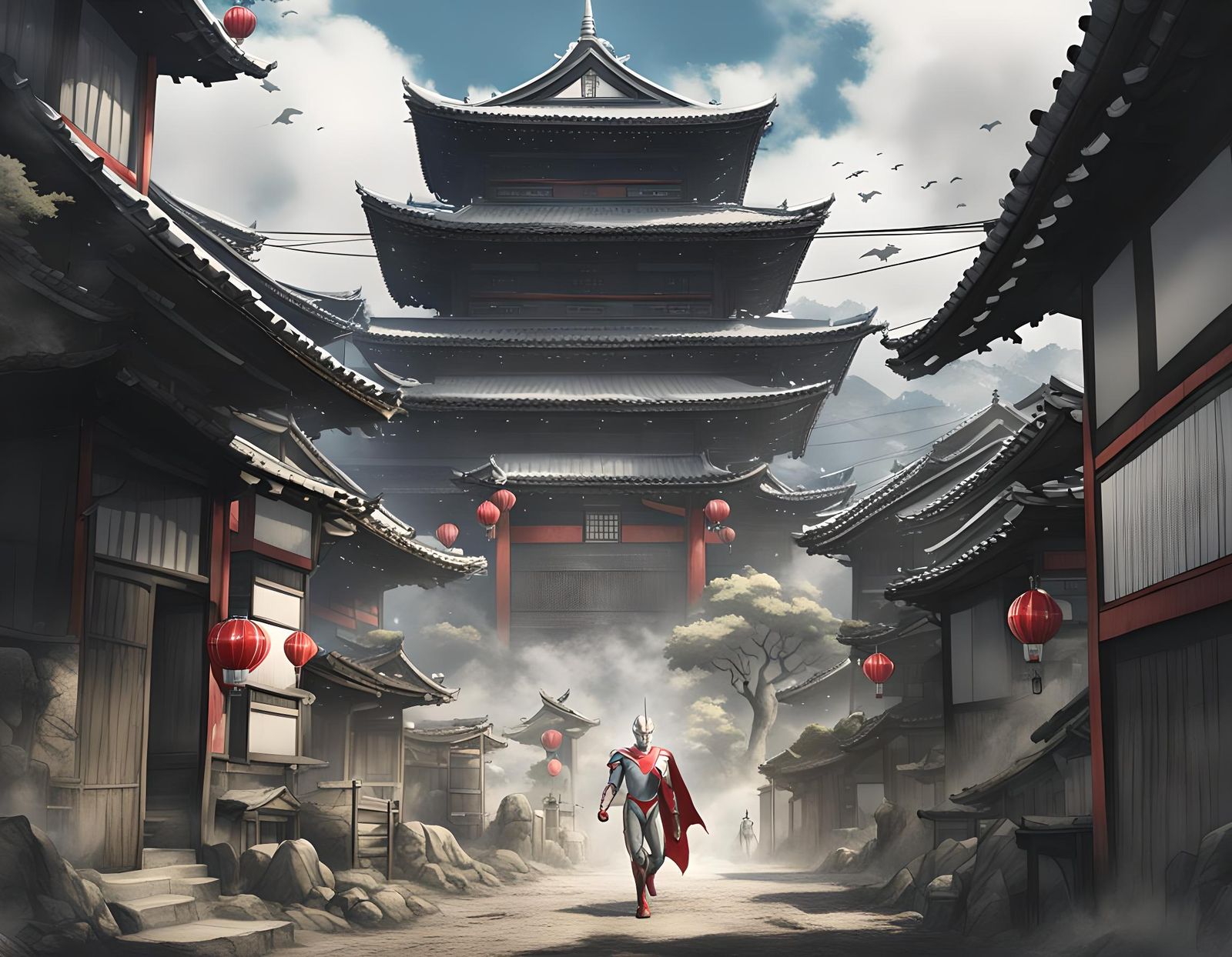 Ultraman in Japanese Village: Sumi-e Ink Wash Style