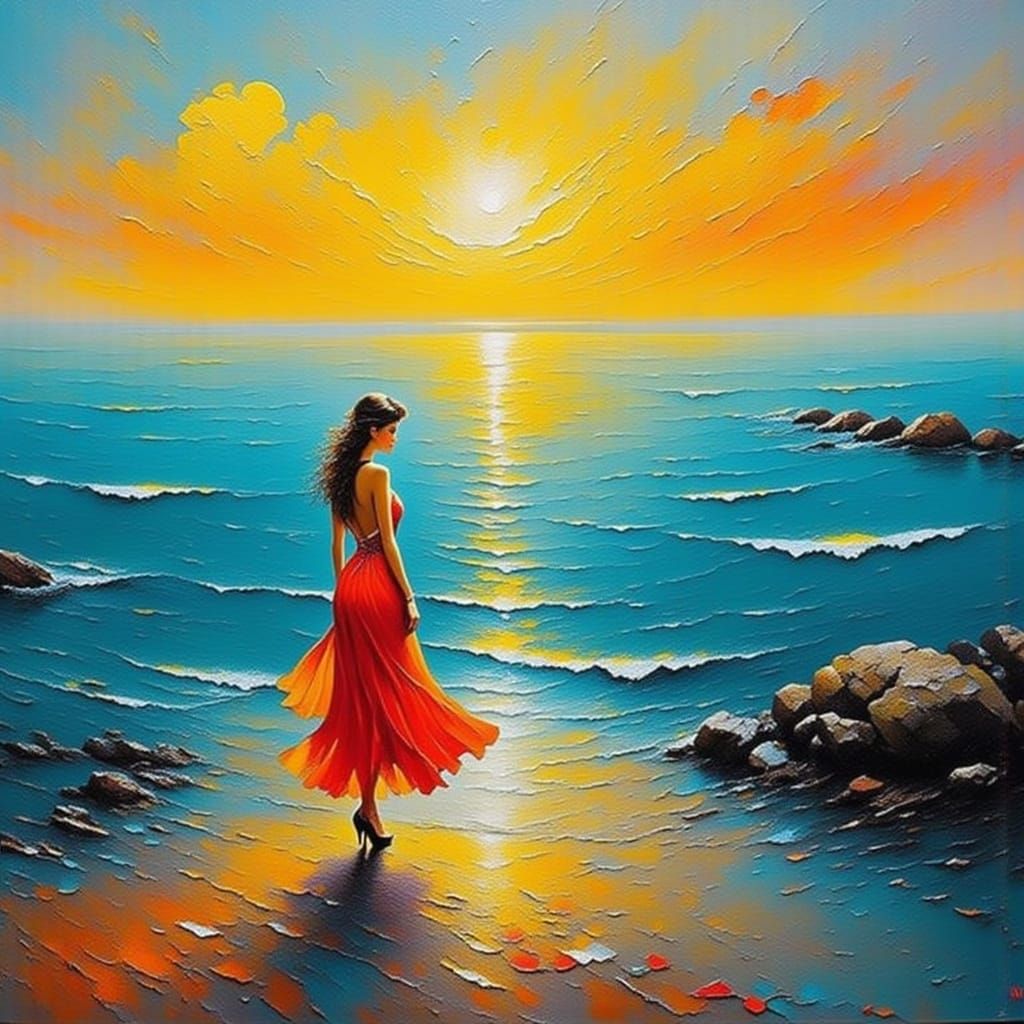 Summer Night Seascape in Impasto Style