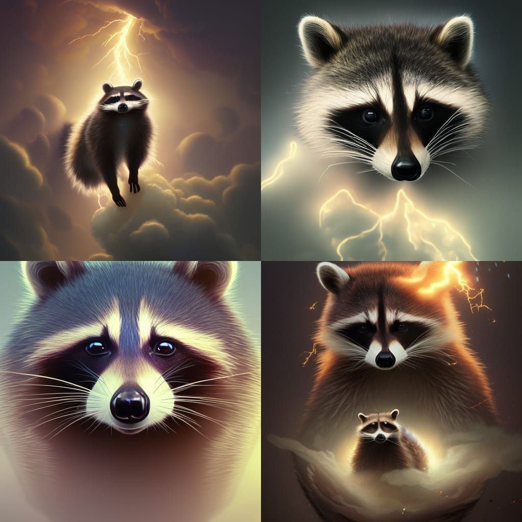 Raccoon Portrait Floating on Lightning Cloud