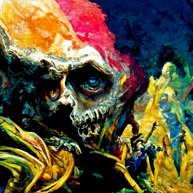 Vibrant Zombie Skeleton Clown in Gouache Style