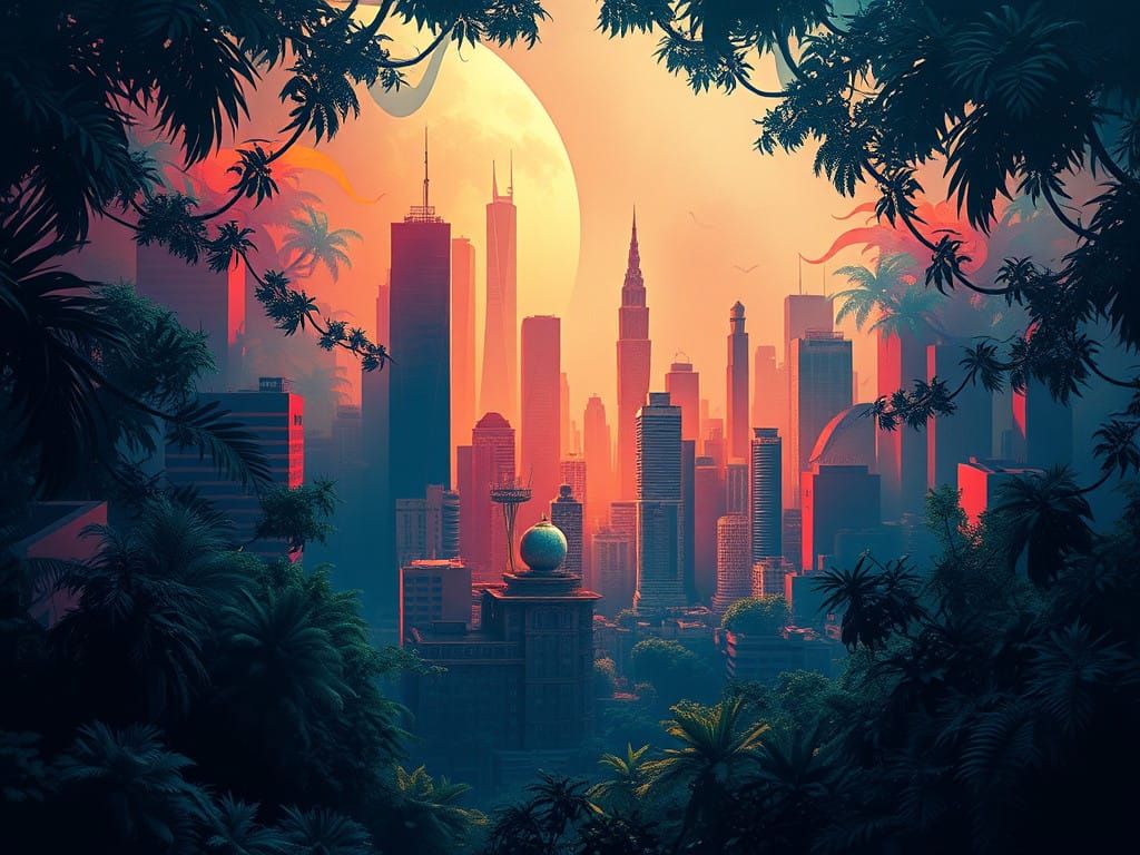 Surreal Cityscape in a Jungle, Abstract Shadows and Geometry