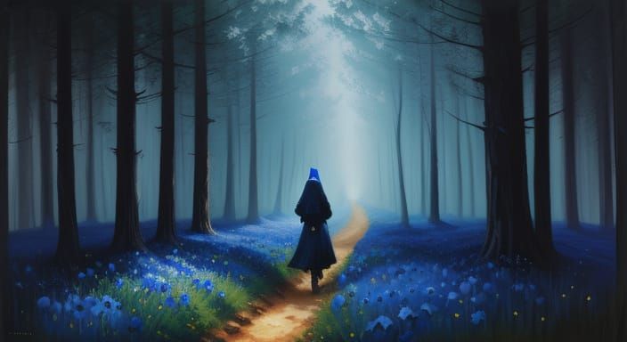 Ghost Girl in Enchanted Forest with Blue Poppies