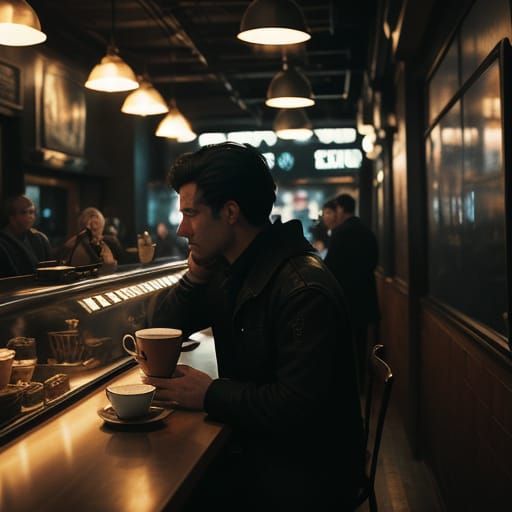 Epic Coffeeshop Scene in Cinematic Film Noir Style