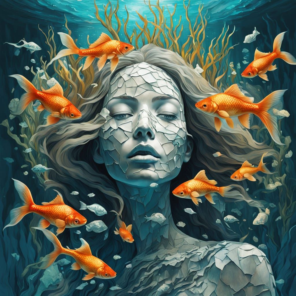 Fragmented Porcelain Face in Bioluminescent Underwater Realm