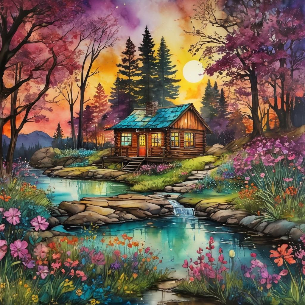 Fantasy Cabin in Alcohol Ink Splash Art