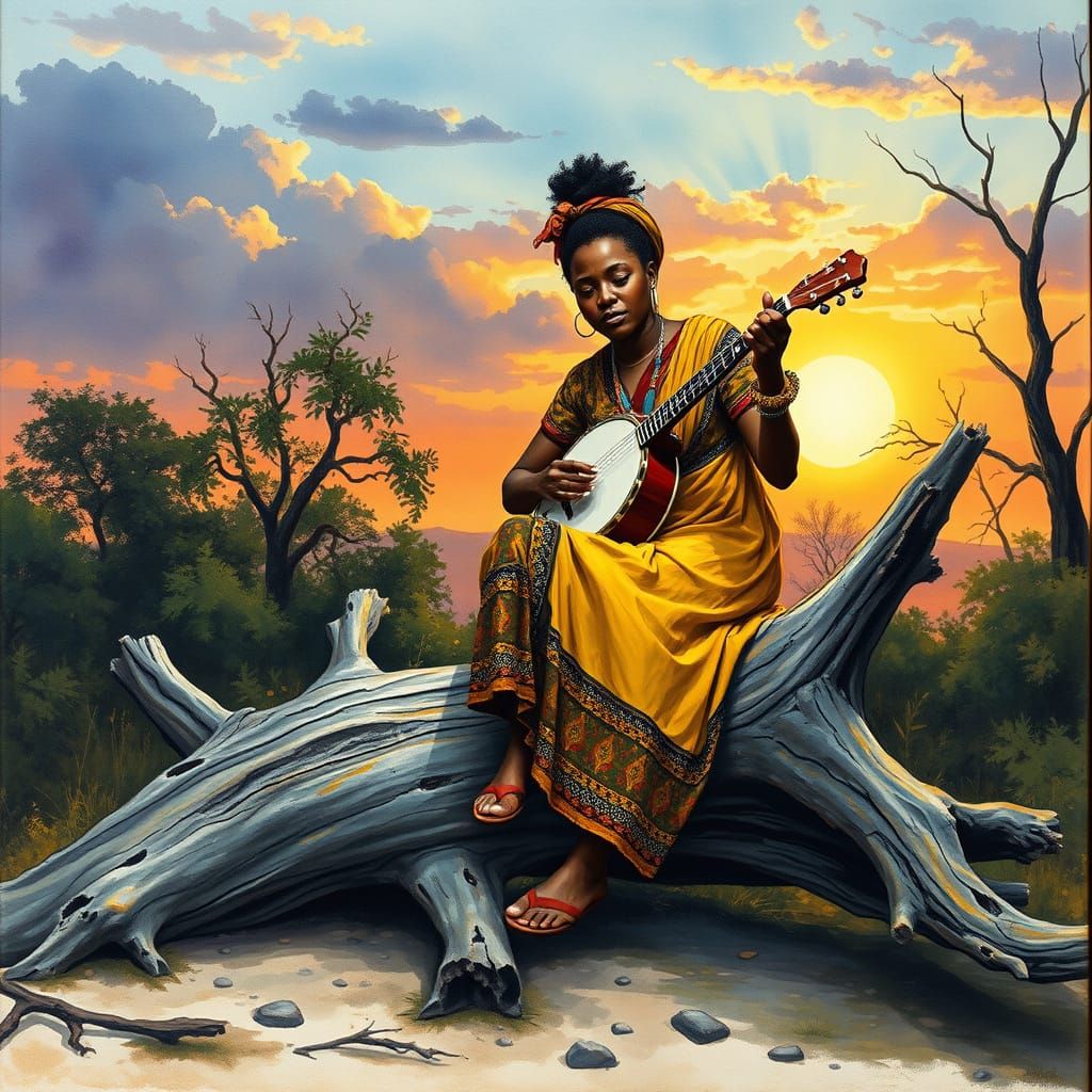 African Woman Plays Banjo on Fallen Tree Trunk at Sunset in ...