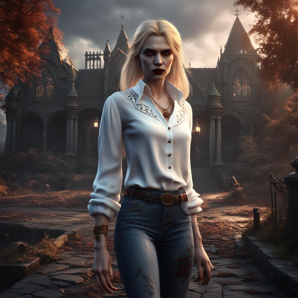 Blonde Vampire in White Blouse: Detailed Digital Painting