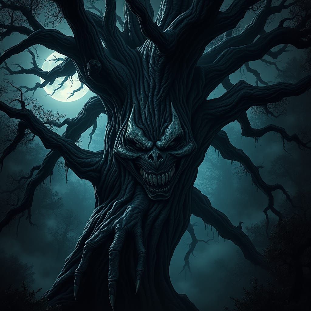 Sinister Face Tree in Dark Foggy Forest