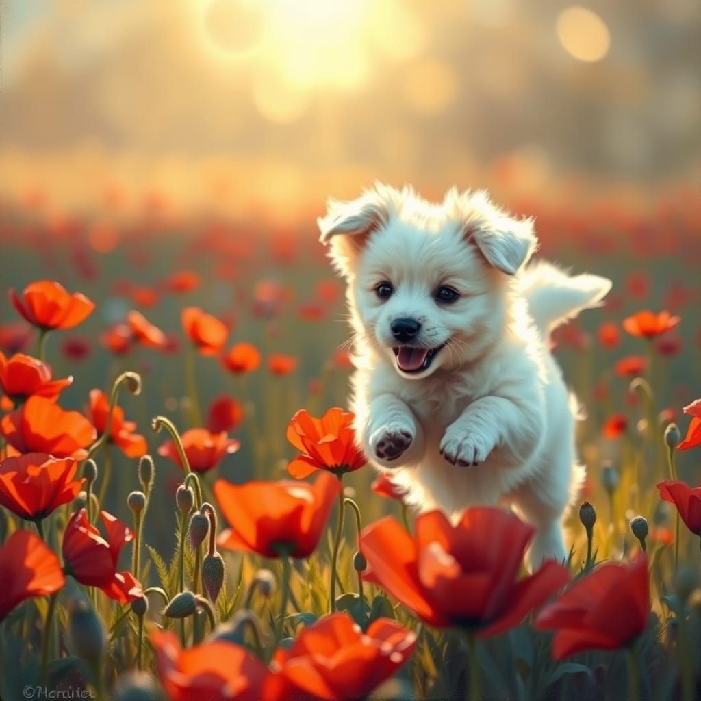 Fluffy Puppy Leaping in Poppy Field
