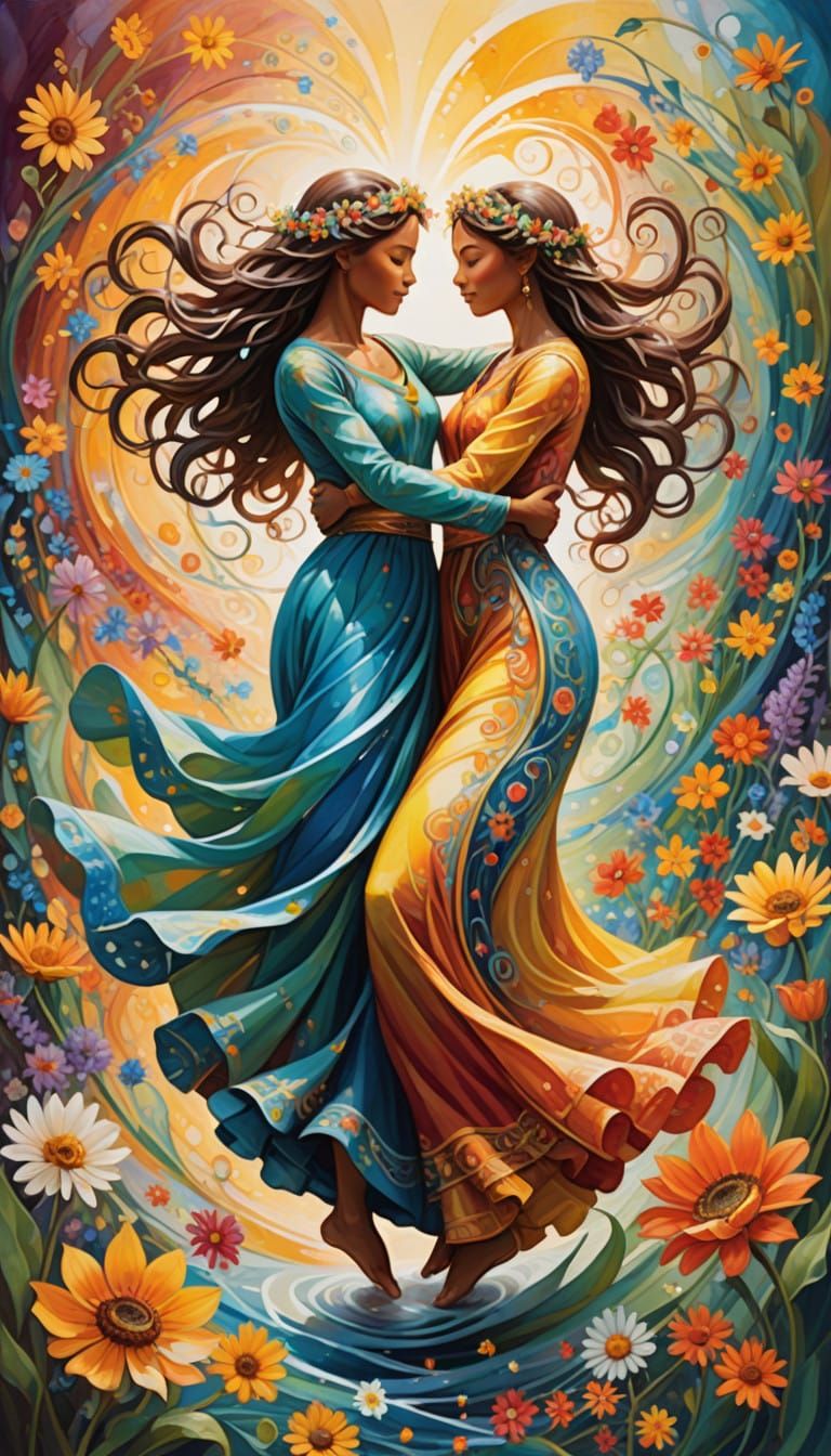Ethereal Figures Dancing Amidst Vibrant Blooms in a Celestia...
