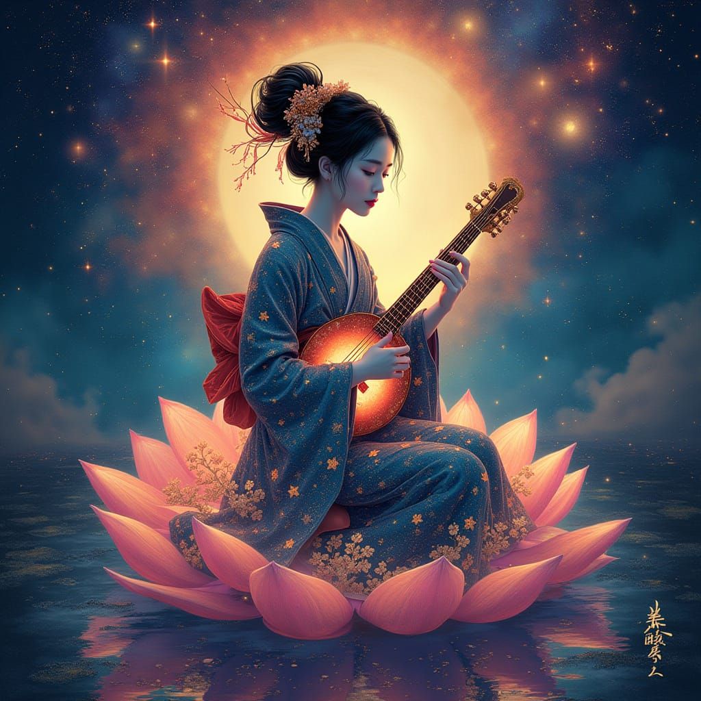 Celestial Geisha in Nebula with Luminous Koto