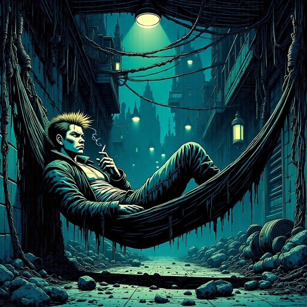 Grumpy Punk in Alleyway Hammock, Anime Style