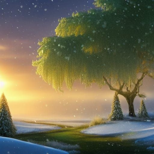 Christmas in Snowy Village: Golden Sunrise Painting