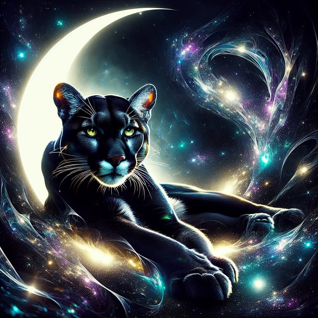 Midnight Black Cougar in Ethereal Cosmic Dreamscape