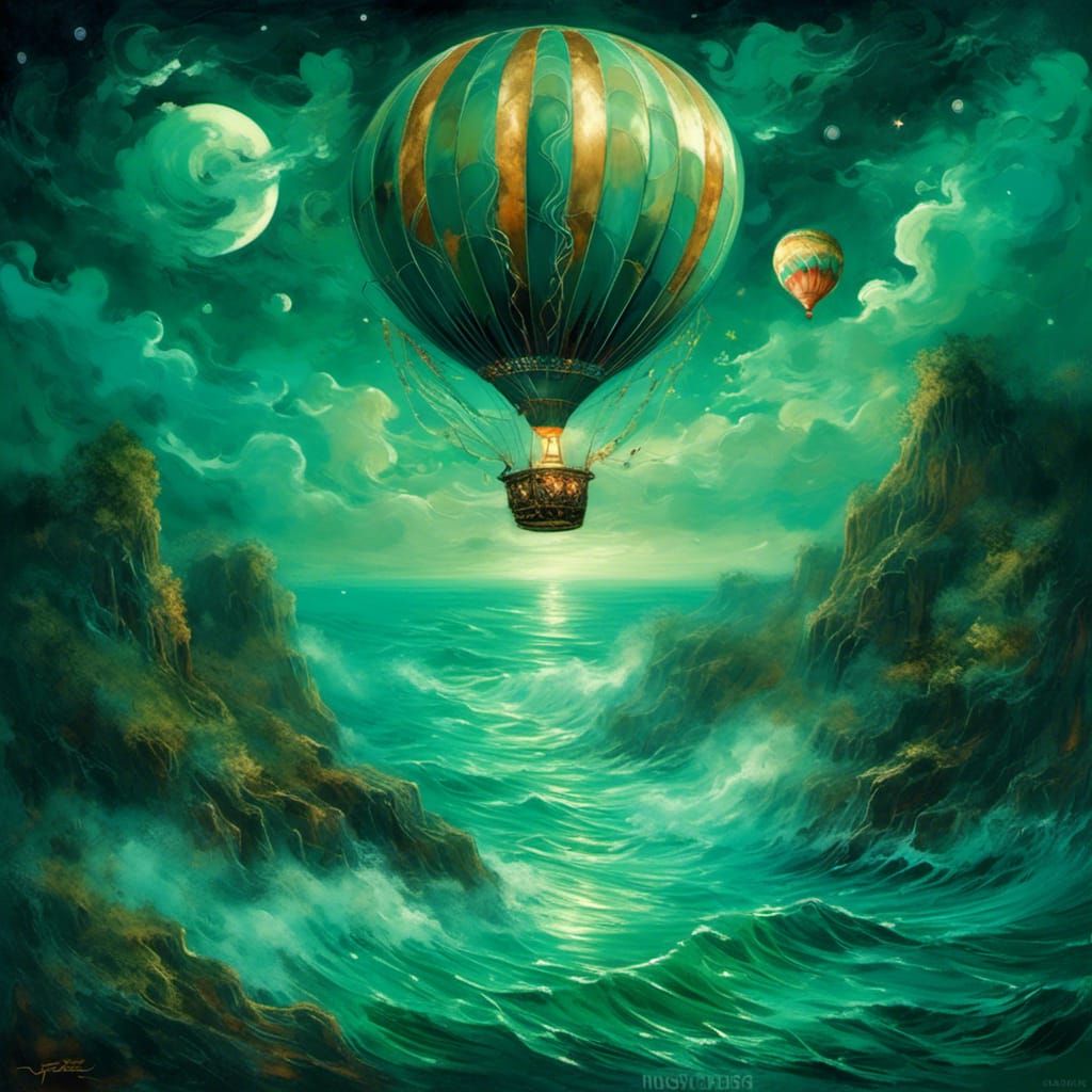 Hot Air Balloon Over Ocean, Dreamlike Digital Painting