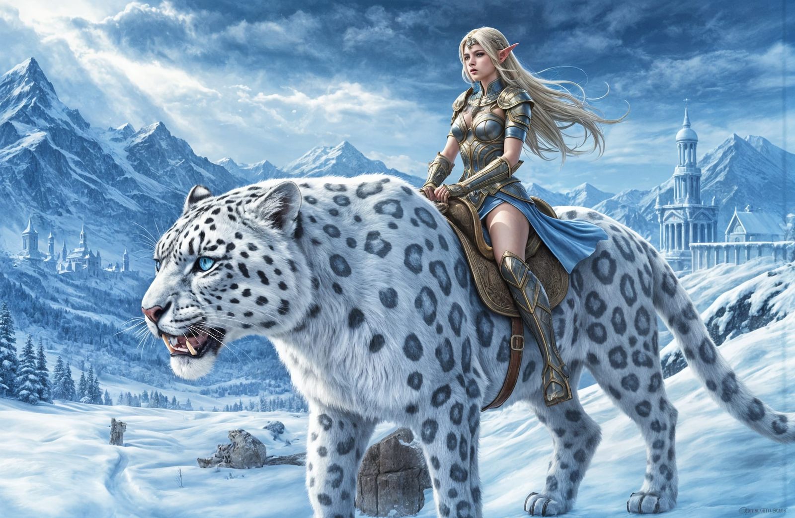 Snow Leopard Carries Elf Through Winter Landscape