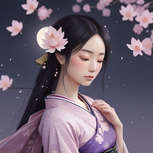 Serene Geisha Under Moonlight in Enchanting Manga Style