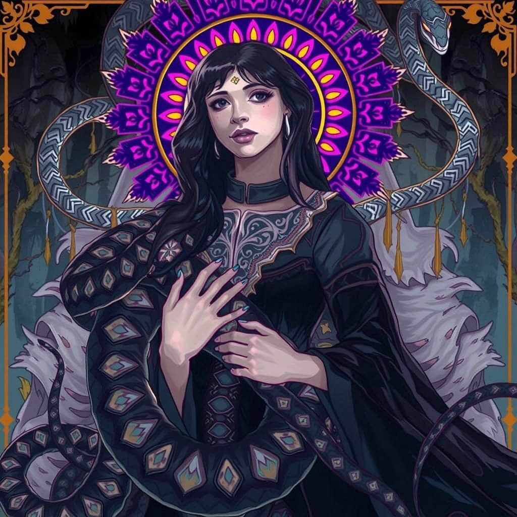 Dark Goddess of the Black Mamba in Mysterious Forest