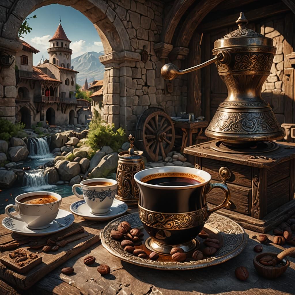 Balkan Coffee Still Life: Detailed Matte Painting