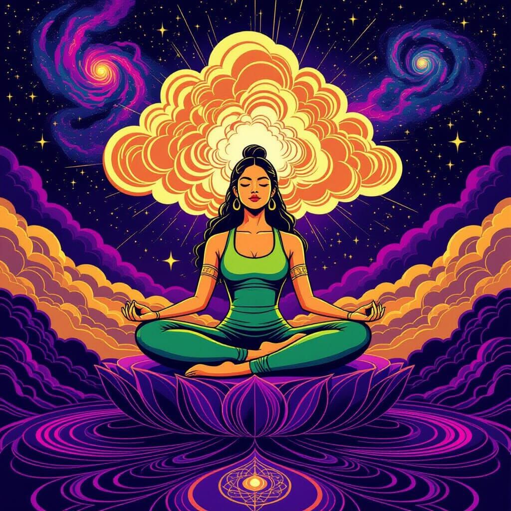 Line vectors. A yogini cucumber(1.9) meditating on a cosmic ...