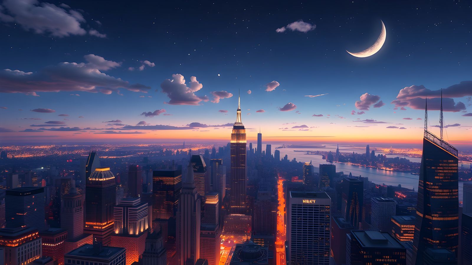 Night Panorama of New York City in Detailed Matte Painting