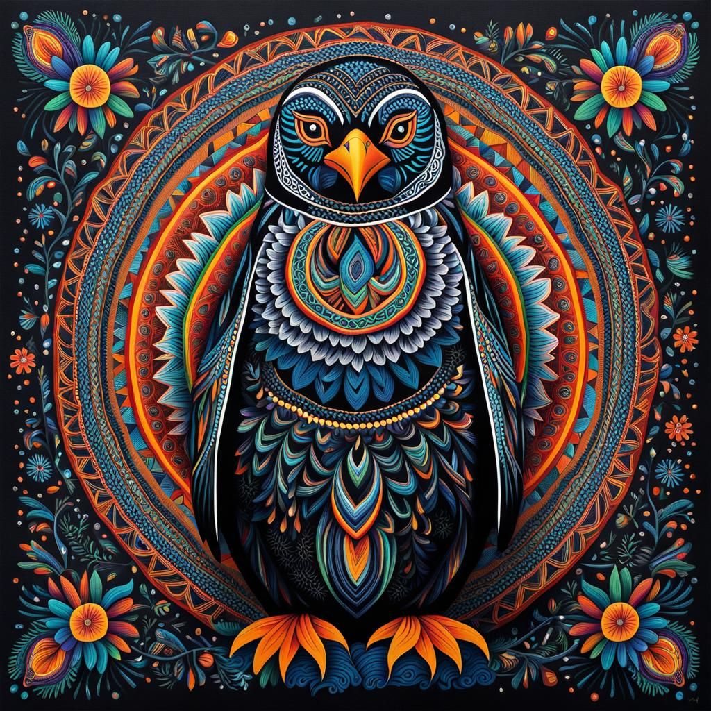 Penguin Artwork in Huichol Style