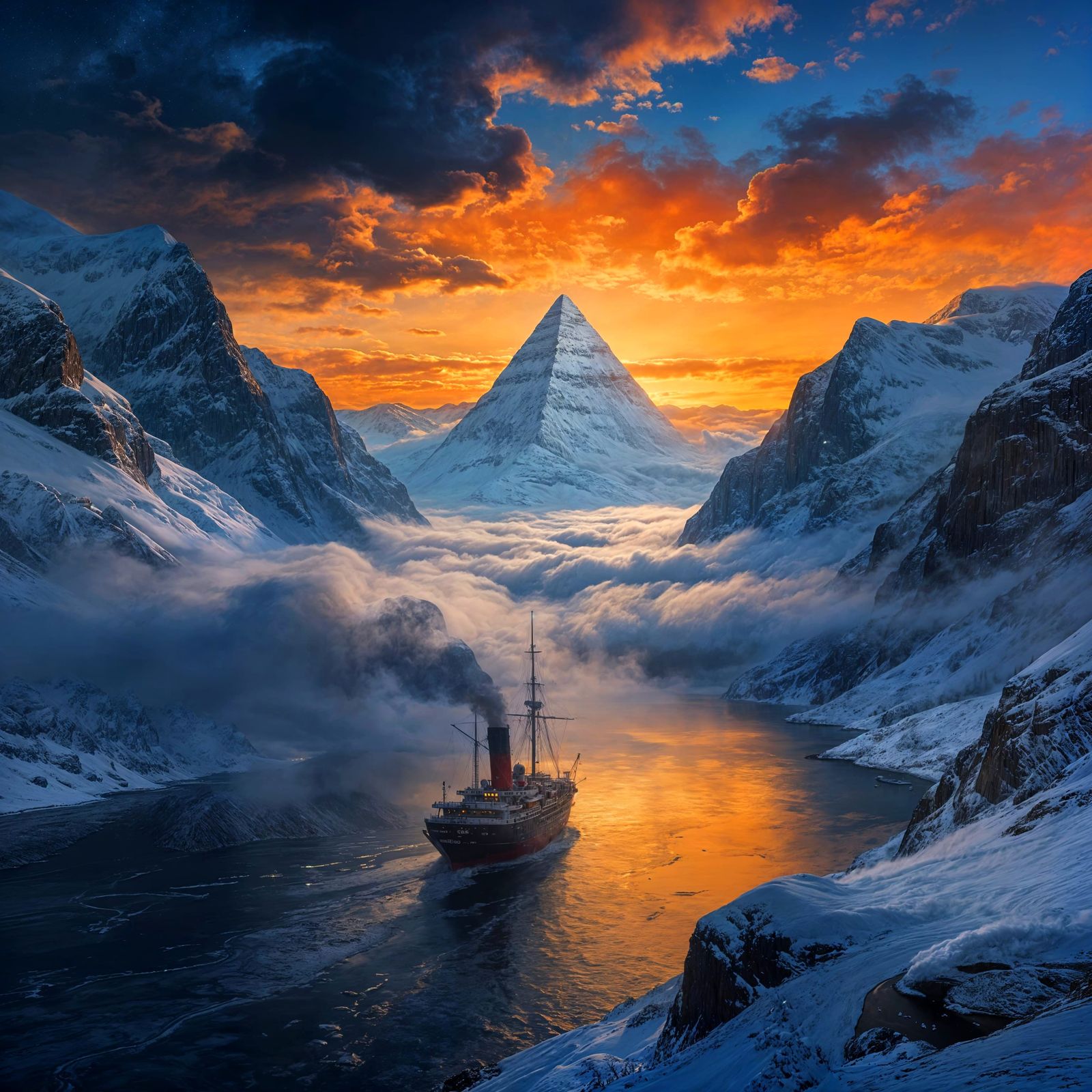 Steamship Sails Clouds Towards Pyramid Fjord Sunset