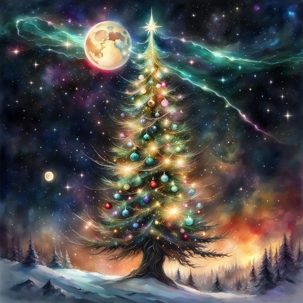Christmas Tree Rocket Soaring Through Starry Space